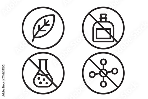Set of four minimalist black and white icons representing natural ingredients and absence of harmful chemicals vector