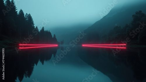 Mysterious red light streaks across a foggy lake reflecting dark pine trees and mountains