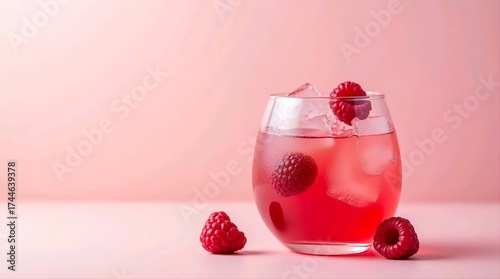 Refreshing raspberry cocktail in rounded glass with ice cubes and fruit garnish on pastel pink background