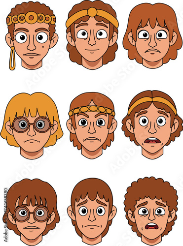 Nine cartoon faces with different expressions and hairstyles all looking forward.