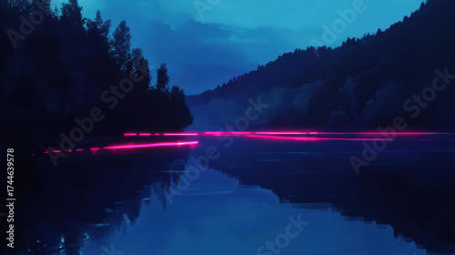 Tranquil blue lake reflecting pink light trails through dark forested mountains