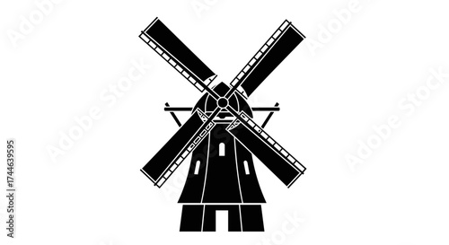 Classic Dutch Windmill Silhouette Icon Isolated.