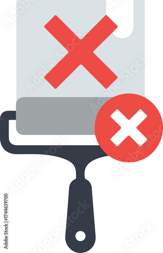 Paint roller with a red cross symbol indicating rejection or error.