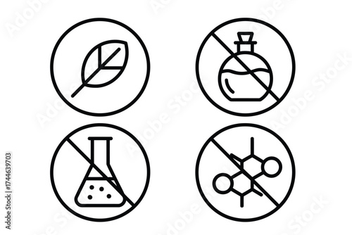Four minimalist black and white icons indicating absence of harmful ingredients and chemicals scalable vector illustration vector