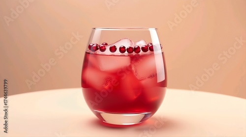 Elegant pomegranate cocktail in rounded glass with ice cubes and fruit garnish on pastel beige background