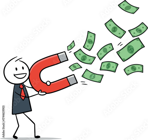 Person attracting money with a magnet representing financial success.