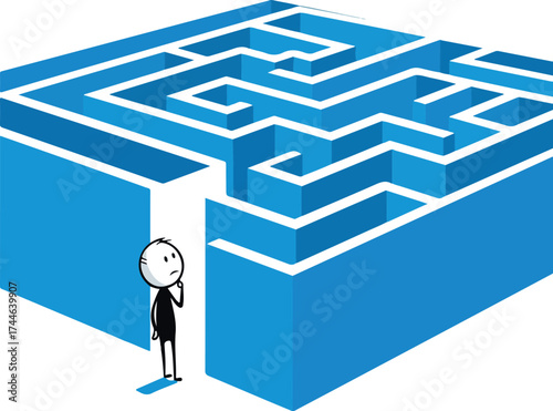 Person contemplating a complex maze representing a difficult problem or challenge.