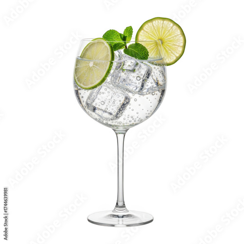 Refreshing gin and tonic cocktail in a balloon glass garnished with lime and mint leaves transparent background