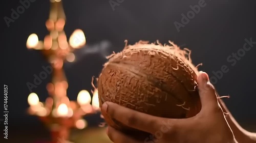 Hand holding coconut with lamp background.
