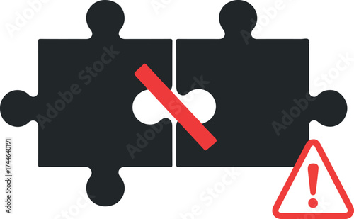 Puzzle pieces not connected with warning sign indicating a problem.