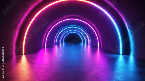 Vibrant neon archway tunnel with glowing pink and blue lights reflecting on floor