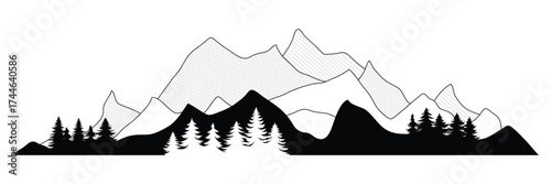 Stylized mountains and forest isolated on white background, minimalism, panoramic view, vector design