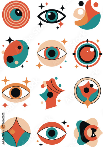 Retro eye art collection with various shapes and designs.