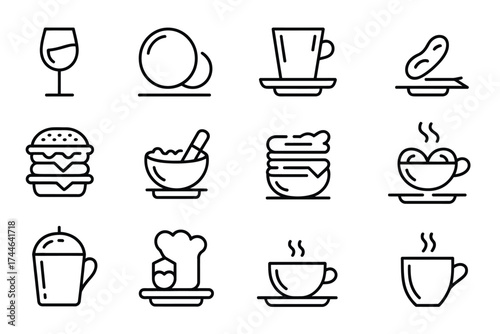 Cohesive set of twelve black and white food and drink vector icons for culinary and cafe designs vector