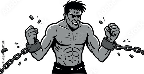 Strong man breaking chains demonstrating power and freedom.