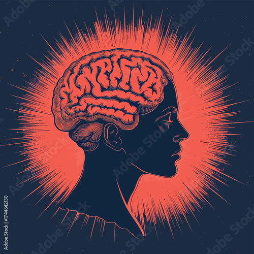 Profile of a human head with segmented brain and radial background. A state of mind concept. , vector style simple color