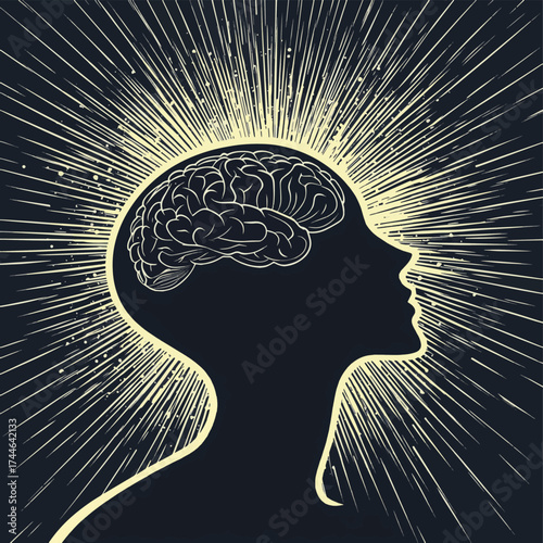 Profile of a human head with segmented brain and radial background. A state of mind concept. , vector style simple color