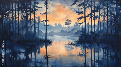 Serene swampy forest landscape with fiery sunset reflected in calm water