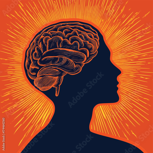Profile of a human head with segmented brain and radial background. A state of mind concept. , vector style simple color