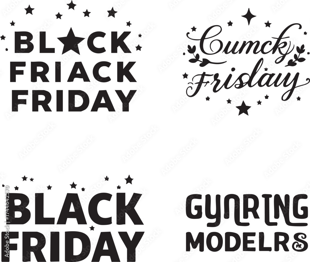 Naklejka premium Distorted Black Friday typography set—cursive, bold, and surreal text variations with stars and decorative elements in black and white