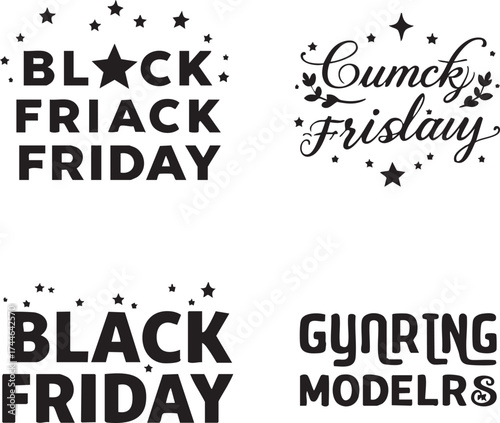 Distorted Black Friday typography set—cursive, bold, and surreal text variations with stars and decorative elements in black and white