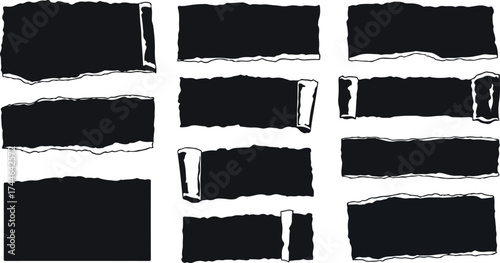 Torn paper pieces in black color with rough edges on white background.