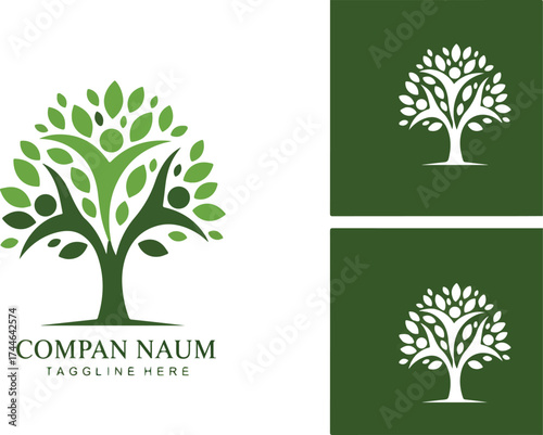 Tree logo design with people and leaves representing growth and community.