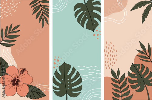 Tropical floral design with leaves and flowers in artistic style.