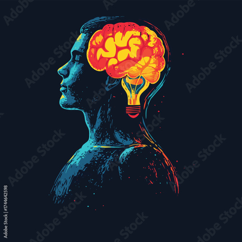 Illustration of a human head and torso with a vibrant brain and a heart-shaped lightbulb. , vector style simple color