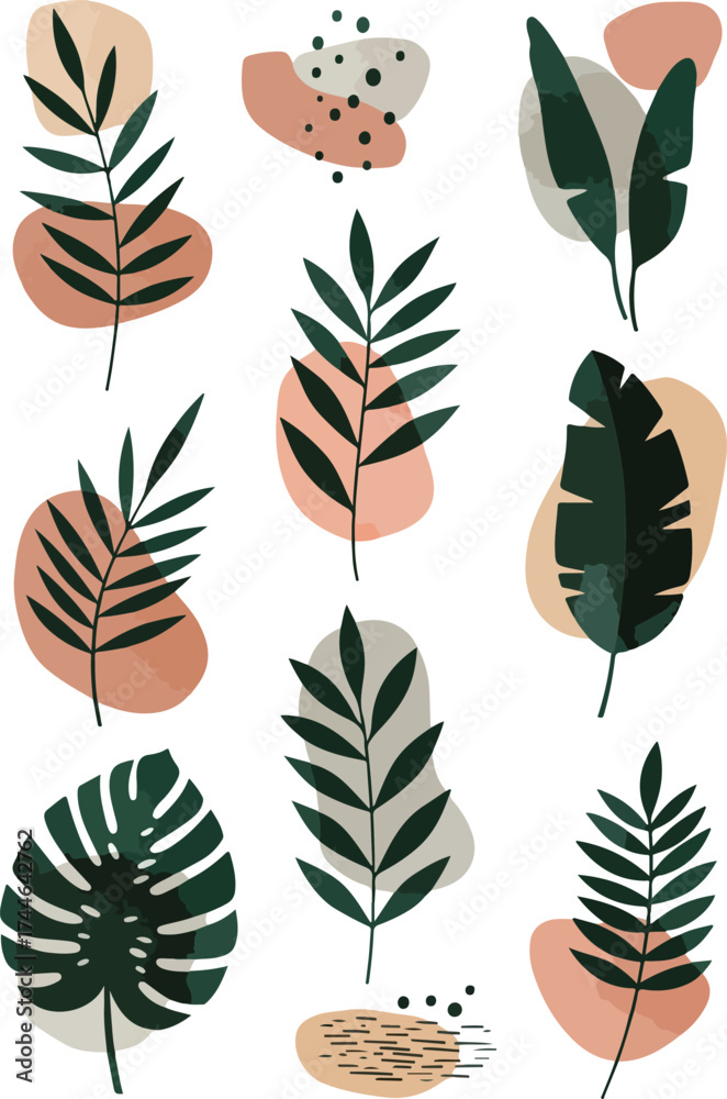 Fototapeta premium Tropical leaves illustration with abstract shapes and artistic design elements.