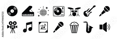 Set of twelve minimalist entertainment and music icons in vector format vector