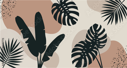 Tropical leaves silhouette pattern design on beige background.