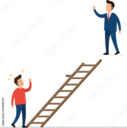 Two men with a ladder one pointing up the other looking up.