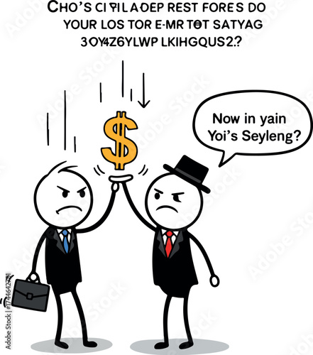 Two angry businessmen fighting over a dollar sign.