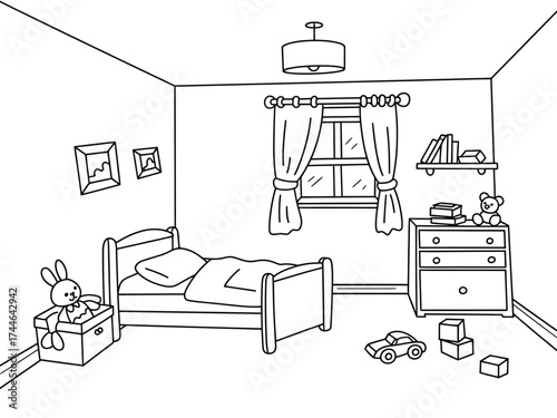 Vector illustration of a cozy children's bedroom with bed and toys scalable eps graphic vector