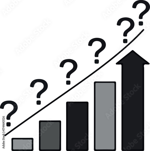 Visual representation of growth and progress with upward trend and question marks.