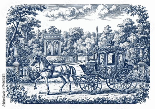 Porcelain design featuring horses and a royal carriage in dark blue 