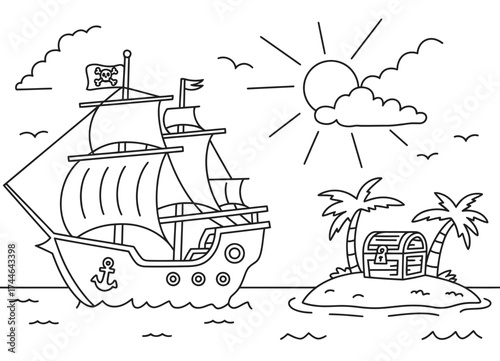 Vector illustration of a pirate ship sailing towards a treasure island under a sunny sky vector