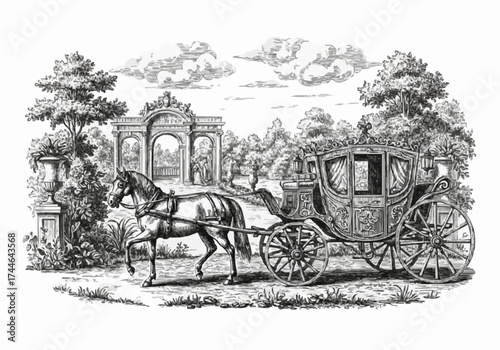 Porcelain design featuring horses and a royal carriage in dark black 
