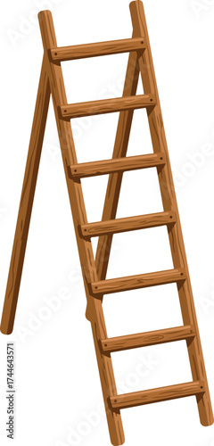 Wooden ladder leaning against a wall brown color step by step.