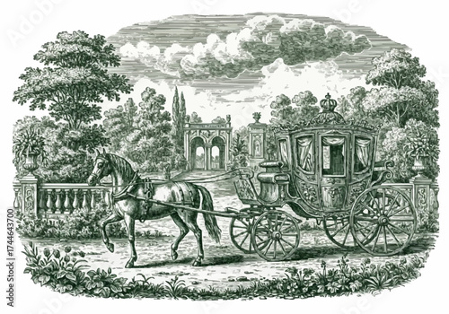 Porcelain design featuring horses and a royal carriage in dark green 