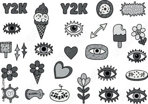 Y2K Aesthetic Doodle Collection Featuring Eyes Hearts Flowers and Food.