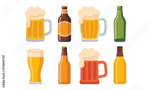 Vibrant flat design illustration of assorted beer bottles and mugs scalable vector graphic vector
