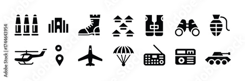 Set of twelve minimalist vector icons illustrating military equipment and symbols for scalable eps design projects vector