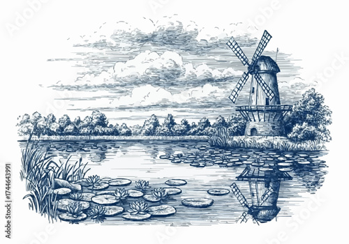 Porcelain design featuring a windmill tower and a lotus lake in dark blue 