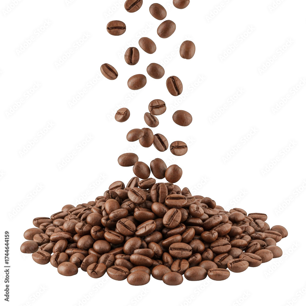 Obraz premium Pile of Coffee Beans Isolated on Transparent Background Heap of Brown Roasted Coffee Beans Falling Down Food Photography Close Up High Resolution