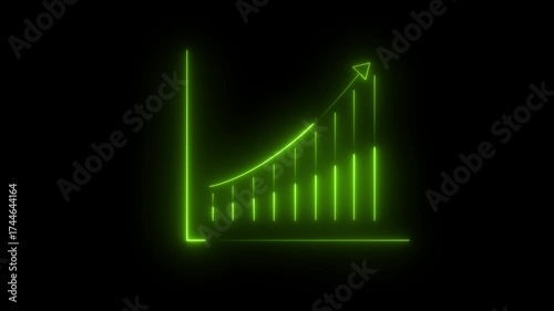 Neon green glowing bar chart with upward trending arrow on black background graph growth