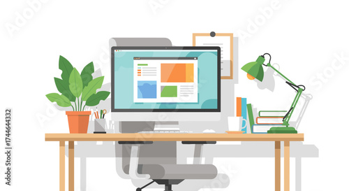 Vector art of a modern workspace setup with computer, plant, and desk