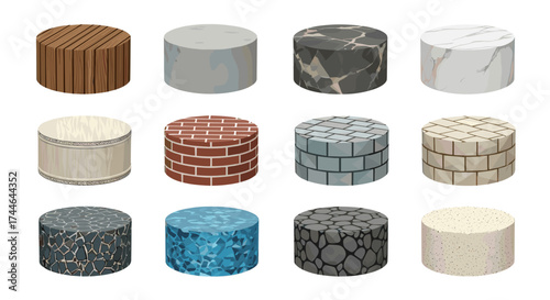 Vector art of a collection of cylindrical platform textures and materials