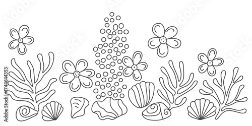 Scalable vector illustration of a stylized underwater scene with seashells and coral line art vector